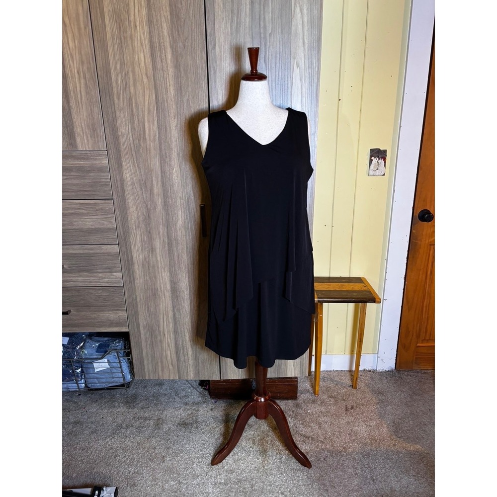 272. Susan Graver Black Sleeveless Tiered Layered V-Neck Knit Dress Size LP